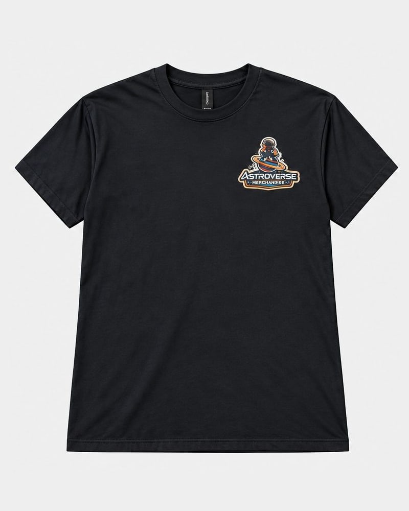 Front of the black Signature Astronaut tee with a small astronaut-on-ringed-planet emblem high on the chest, right of center as pictured.