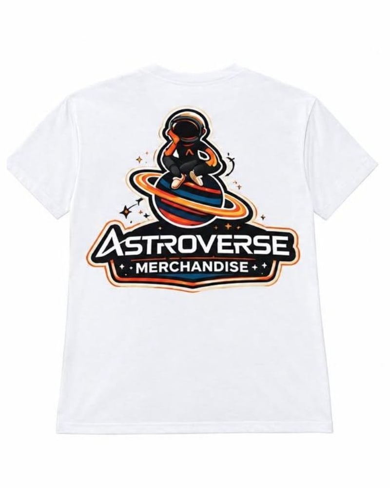 Back of the white Signature Astronaut tee: a large astronaut sitting on a red, blue and orange ringed planet above the ASTROVERSE MERCHANDISE wordmark.