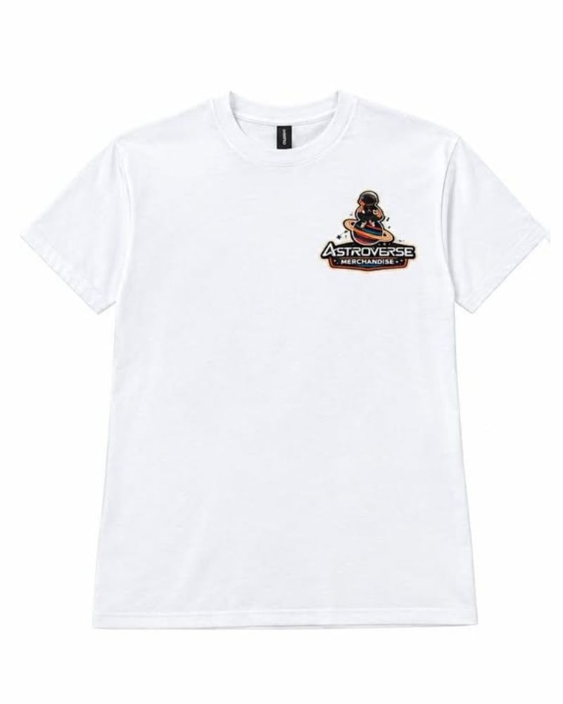 Front of the white Signature Astronaut tee with a small astronaut-on-ringed-planet emblem high on the chest, right of center as pictured.