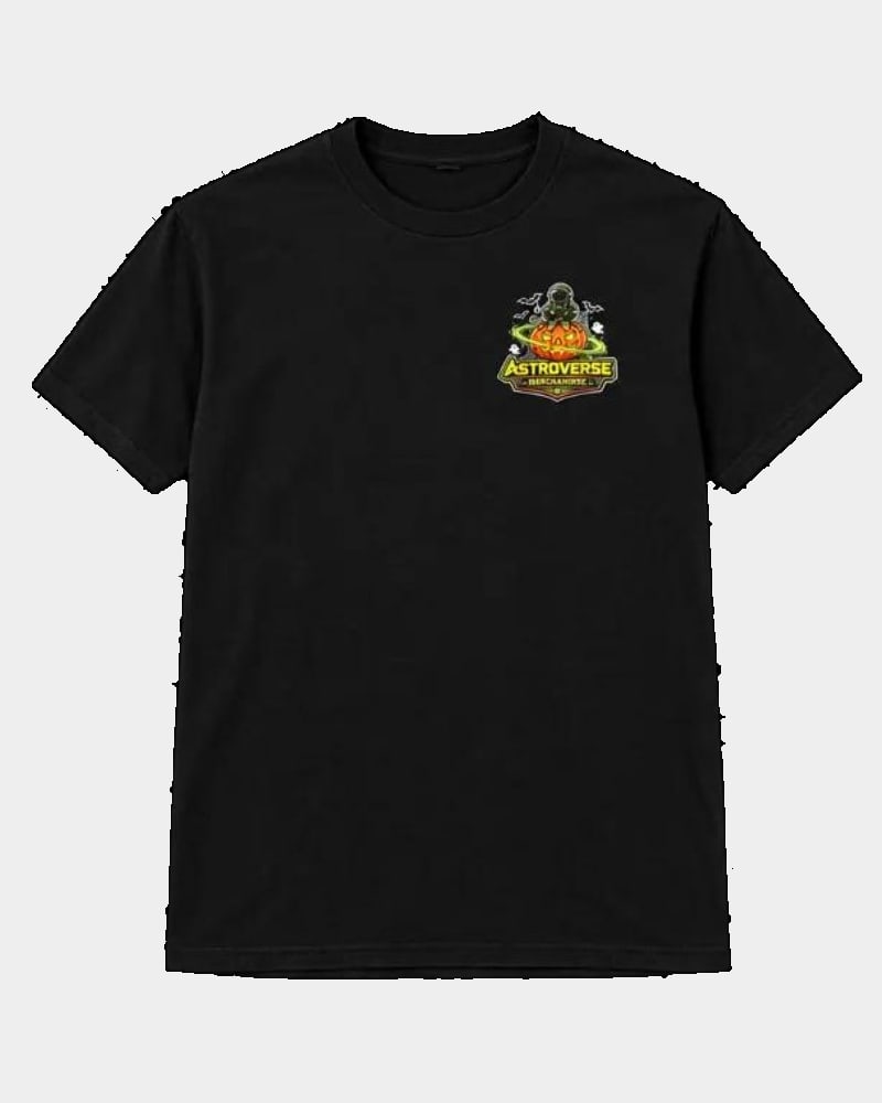 Front of the black Green Orbit Halloween tee with a small green astronaut-and-pumpkin emblem high on the chest, right of center as pictured.