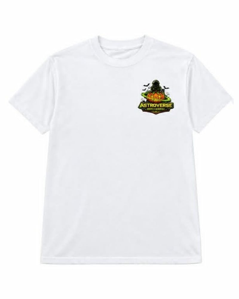 Front of the white Green Orbit Halloween tee with a small astronaut-and-pumpkin emblem high on the chest, right of center as pictured.