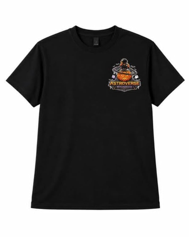Front of the black Haunted Orbit Halloween tee with a small orange and purple pumpkin-astronaut emblem high on the chest, right of center as pictured.