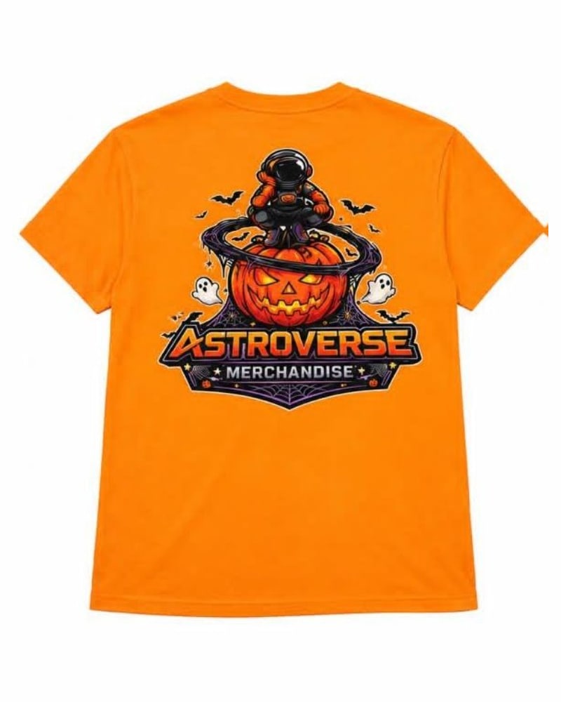 Back of the orange Haunted Orbit Halloween tee: an orange-suited astronaut on a jack-o'-lantern inside a purple and black orbit with bats, ghosts and ASTROVERSE MERCHANDISE lettering.