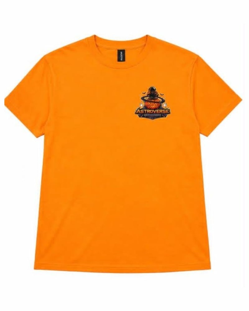 Front of the orange Haunted Orbit Halloween tee with a small pumpkin-and-astronaut emblem high on the chest, right of center as pictured.
